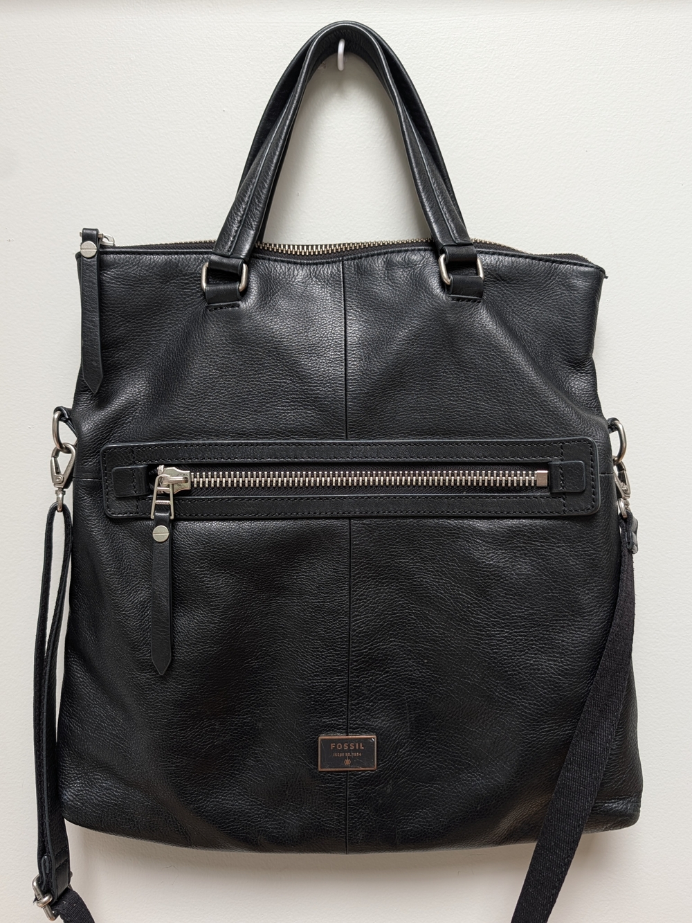 Fossil Black Leather Foldover Tote with Zip Pocket